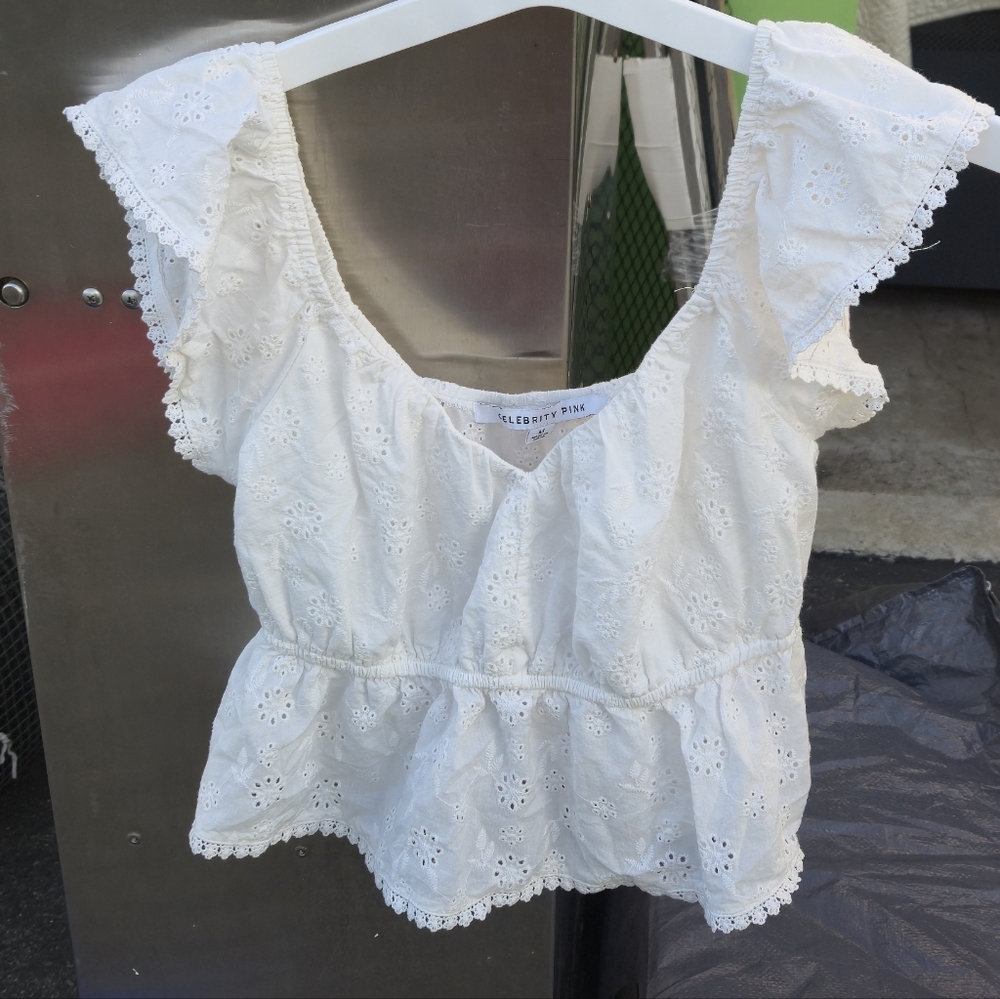 Celebrity Pink White Eyelet Peplum Flutter Sleeve Top
